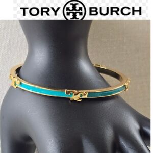Tory Burch Thin Kira Gold and Turquoise  Enamel Bangle Bracelet